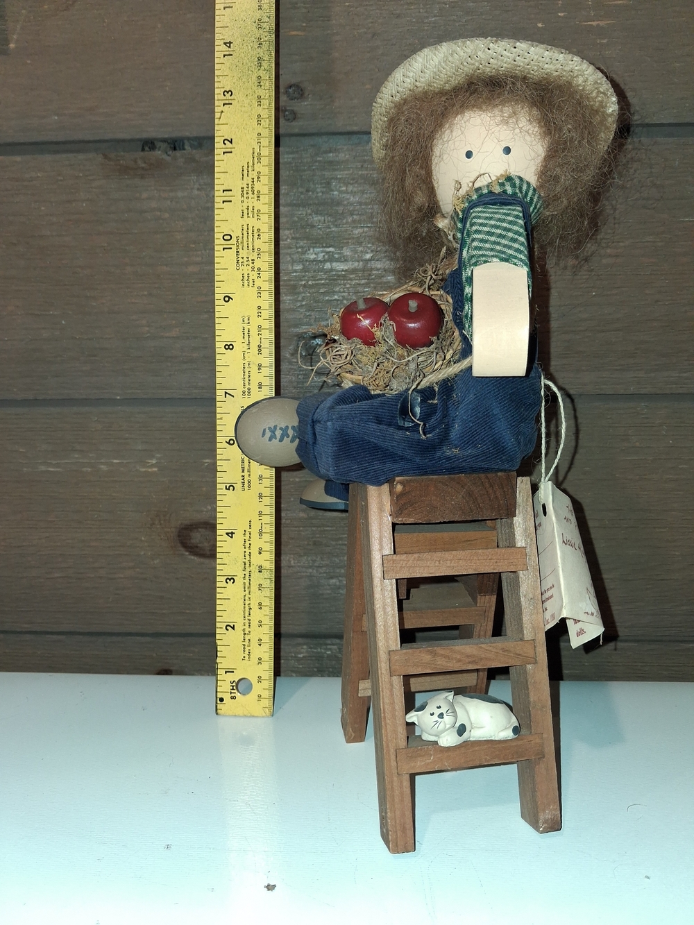 Lizzie High Luther Bowman Wooden Folk Doll on Ladder w/Cat  1993 Ladie Friends